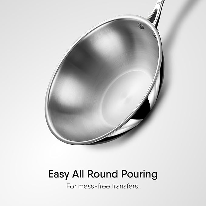 Triply Stainless Steel Wok With Lid, Tri Ply Deep Steel Kadai, Deep Fry Pan With Induction Base, Dia 22 cm