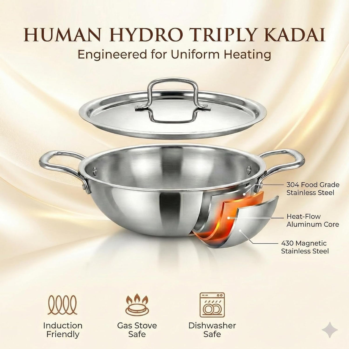 Tri-Ply Stainless Steel Kadai with SS Lid and Spatula 22 cm 2.2L Induction Gas
