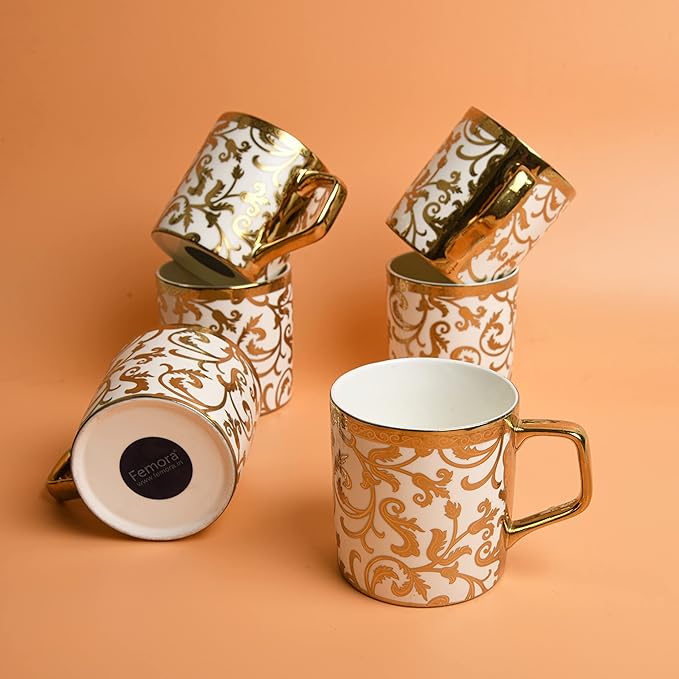 Gloden Floral Motif Pattern Golden Tea Mugs, Ceramic, Coffee Mugs, 180 ml, Golden, 6 Pcs Set