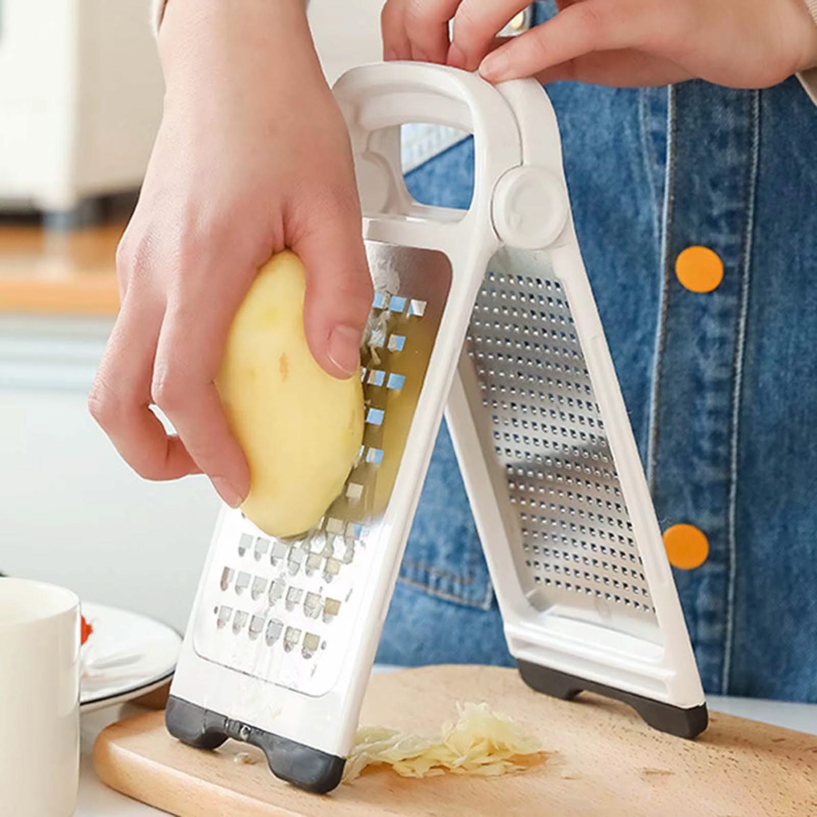 Modern Multifunctional Space-Saving Vertical Foldable Stainless Steel Grater—Double-Sided Design for Fine Grating of Cheese, Vegetables, and Fruit