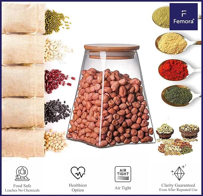 Kitchen Storage Jars Borosilicate Glass Jars for Kitchen With Wooden Lid Air Tight Jar, 900 ml, Pack of 4