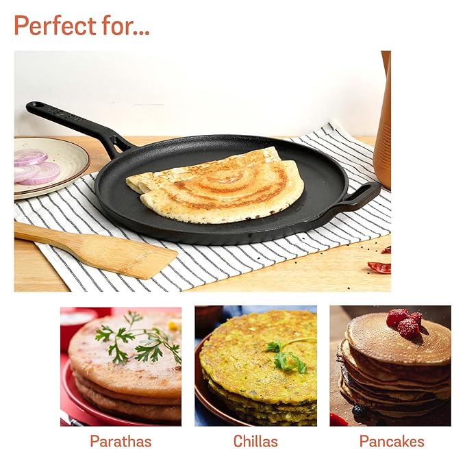 Pre-Seasoned Cast Iron Flat Dosa, Roti, Chapati Tawa Pan with Stick Handle 28 cm, Black