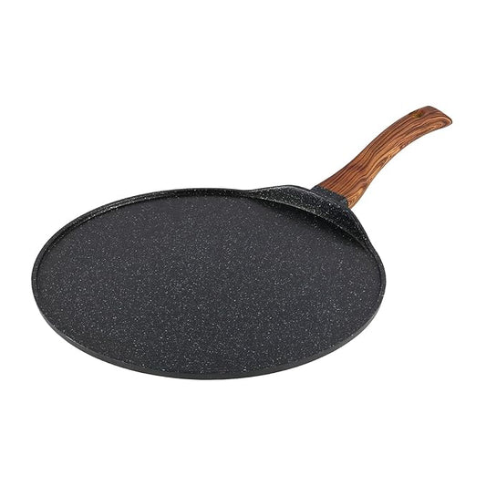 Plus Die Cast Aluminium Non Stick Tawa - 28 cm, Roti / Paratha / Dosa Tawa with Wooden Handle, 5 mm Thick