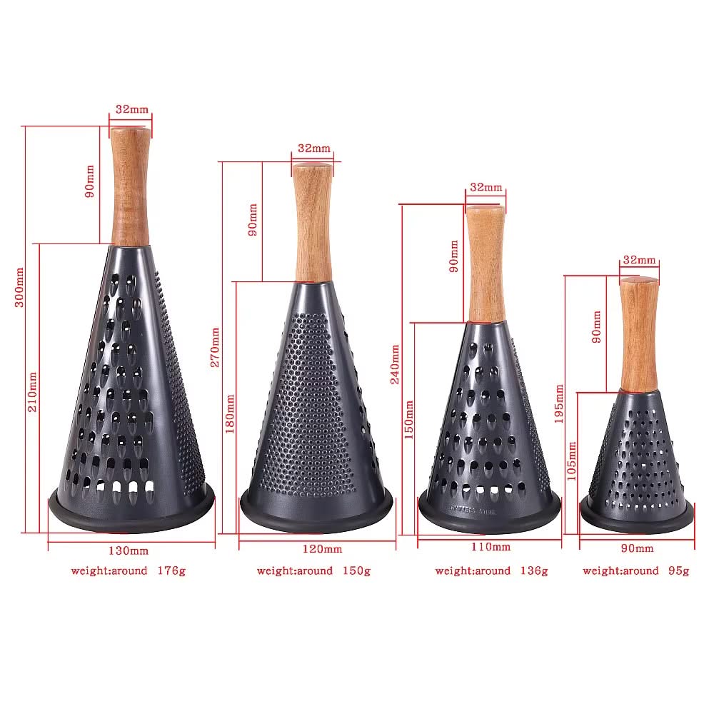 Modern Multi-functional Cone-Shaped Grater 3-Side with Wooden Handle – Ideal for Cheese, Vegetables, and Fruits in the Kitchen (Black), Available in 4 Sizes