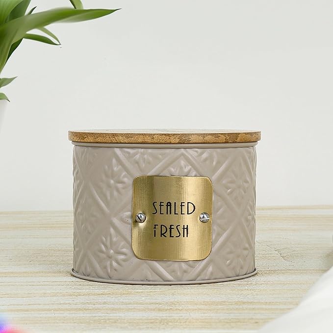 Kitchen Storage Jars Tin Jar With Wooden Lid Air Tight Jar, 300 ml, Set of 1