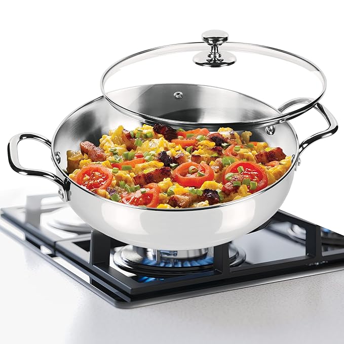 Stainless Steel Sandwich Bottom Kadhai with Glass Lid, 26 cm / 3.51 L