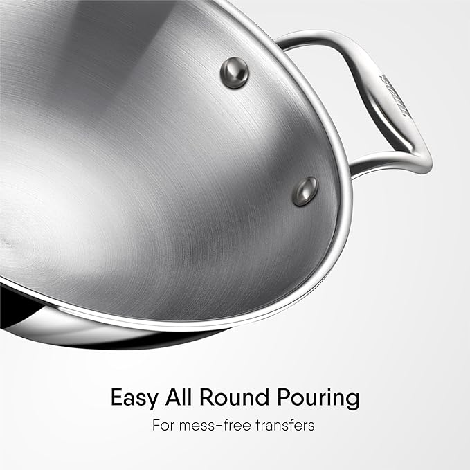 Triply Stainless Steel Round Bottom Kadhai With Lid, Extra Deep Kadai, Stainless Steel Cookware, 2.6 L