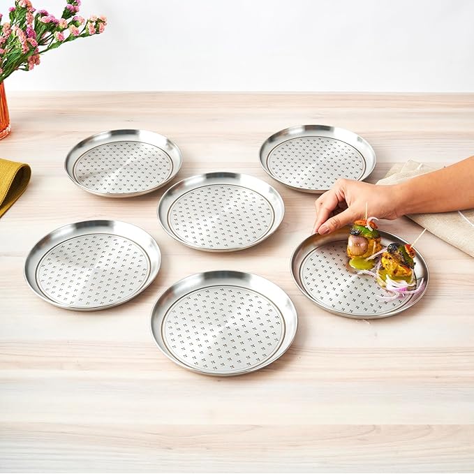Stainless Steel Quarter Plate Set of 6, Salad and Snacks, Flower Dot Patterns
