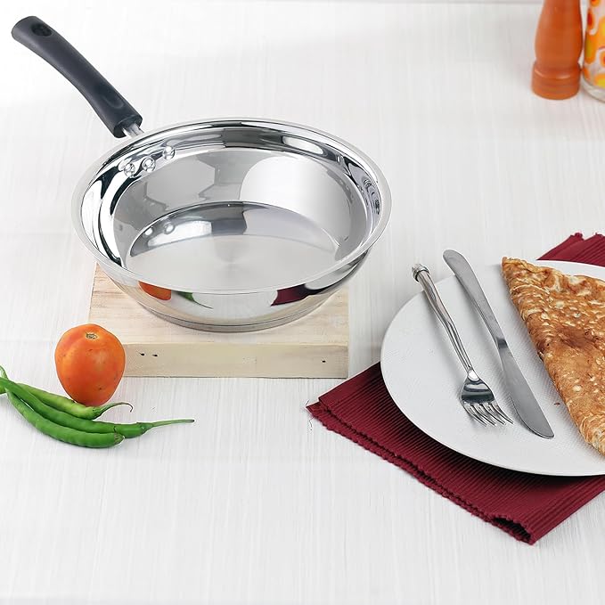 Stainless Steel Frypan - 24 cm, Skillet Pan for Frying, SAS Bottom, Cool Touch Bakelite Handle