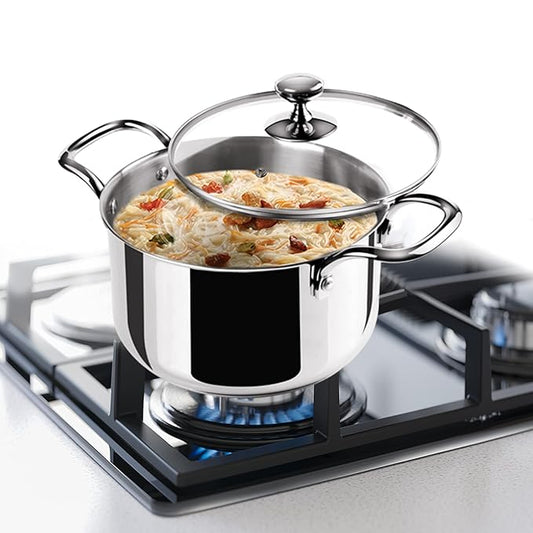 Triply Stainless-steel Casserole Handi/stock Pot/biryani Pot With Glass Lid 14 cm, 1.2 L
