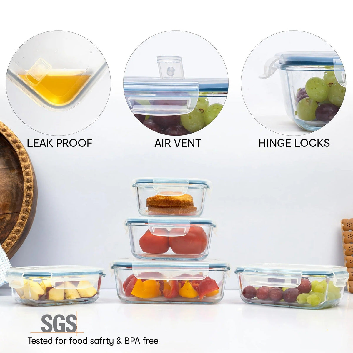 5-Piece Glass Storage Container Set, Lockable Lids, Leak-Proof, Spill-Proof, Clear