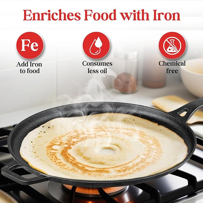 Pre Seasoned Cast Iron Flat Roti Tawa with Handle - 28 cm