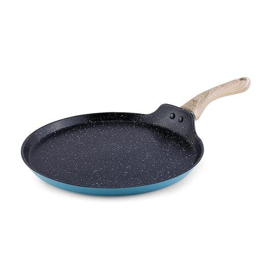 Forged Non-stick Tawa With Soft Touch Wooden Handle, Induction & Gas Ready, Black Spatter Dusty Blue - 280 mm