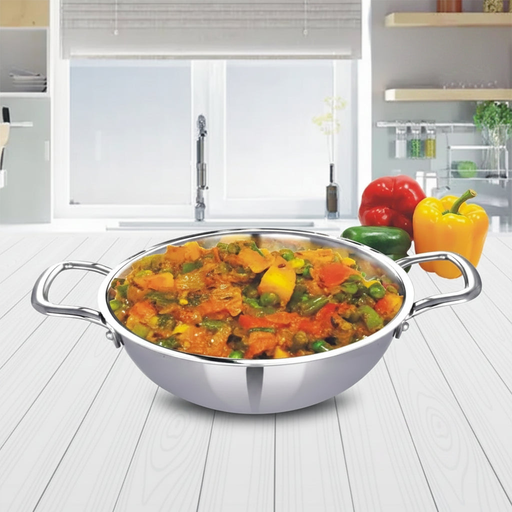 Tri-Ply Stainless Steel Kadai 24 cm 2.8L No Lid Induction Gas
