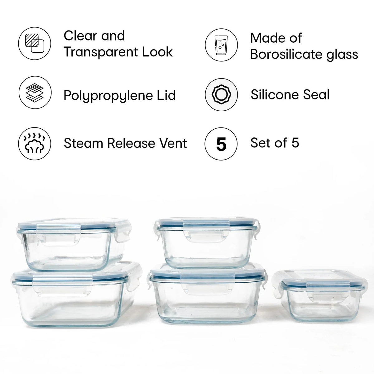 5-Piece Glass Storage Container Set, Lockable Lids, Leak-Proof, Spill-Proof, Clear