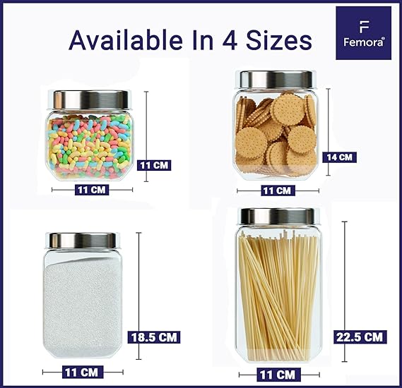 Kitchen Storage Jars Transperent Glass With Steel Lid Air Tight Jar, 2000 ml, Pack of 4