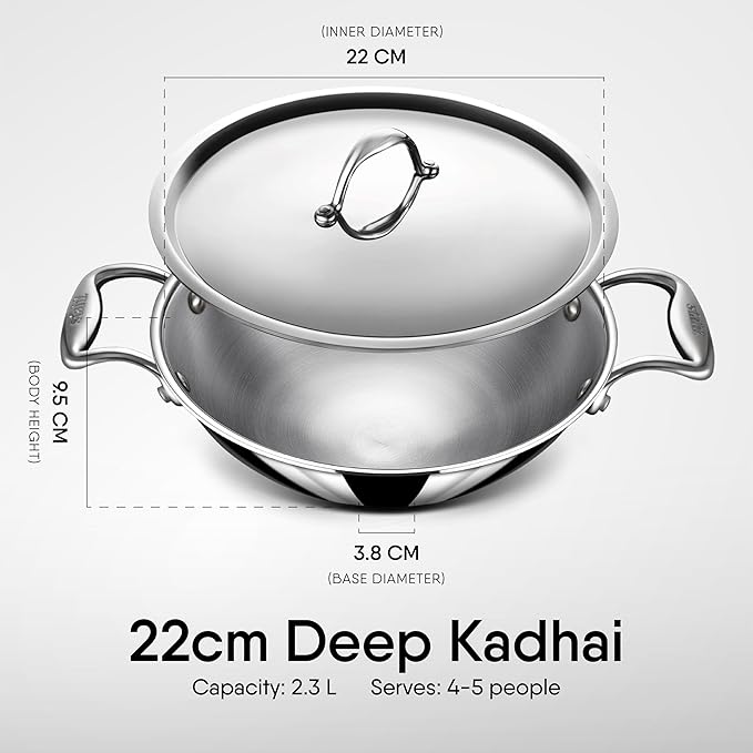 Triply Stainless Steel Round Bottom Kadhai With Lid, Extra Deep Kadai, 2.3 L, 22 cm