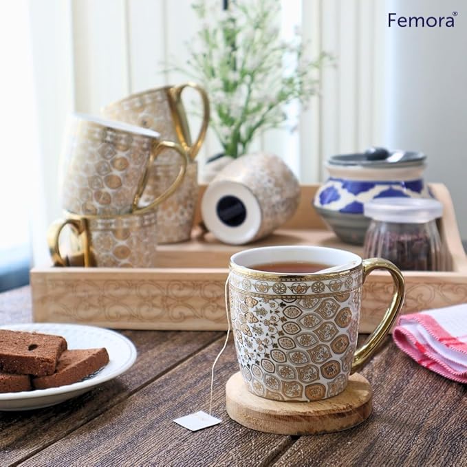 Premium Ceramic Floral Medallion Coffee & Tea Cup Set of 6, 160 ml, Golden