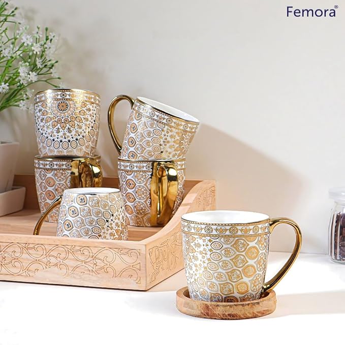Premium Ceramic Floral Medallion Coffee & Tea Cup Set of 6, 160 ml, Golden