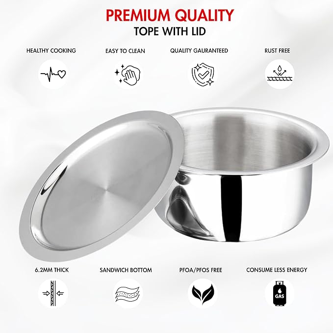Triply Stainless Steel Tope with Stainless Steel Lid 1.7 L Capacity (16 cm Diameter) - Silver