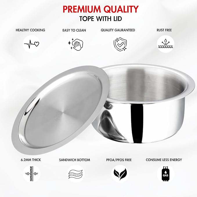 Triply Stainless Steel Tope with Lid - 1 L, 14 cm, Boiling Tope for Kitchen