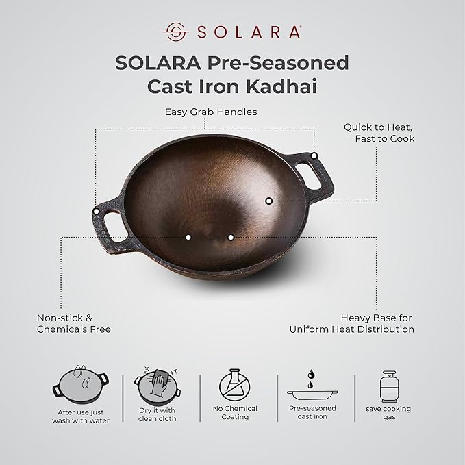 Pre Seasoned Cast Iron Kadhai, 25 cm, 2.5 Kg, Naturally Nonstick Cast Iron Kadai With Flat Handles