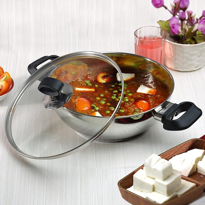 Stainless Steel Deluxe Kadhai with Glass Lid - 2.8 L, 24 cm, Extra Thick, SAS Bottom, Soft Handle