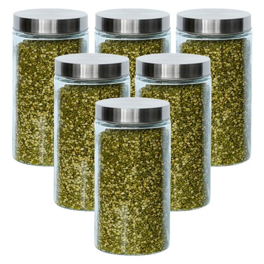Kitchen Storage Jars Borosilicate Glass With Steel Lid Air Tight Kitchen Jar and Container, 1600 ml - Pack of 6