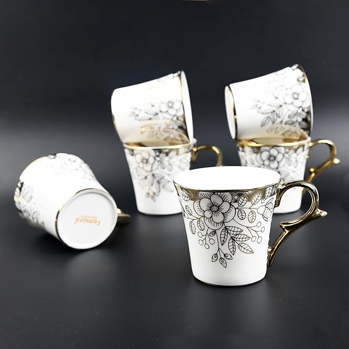 Premium Gold Floral Buds Leaves Ceramic Coffee & Tea Cup Set of 6, 160 ml