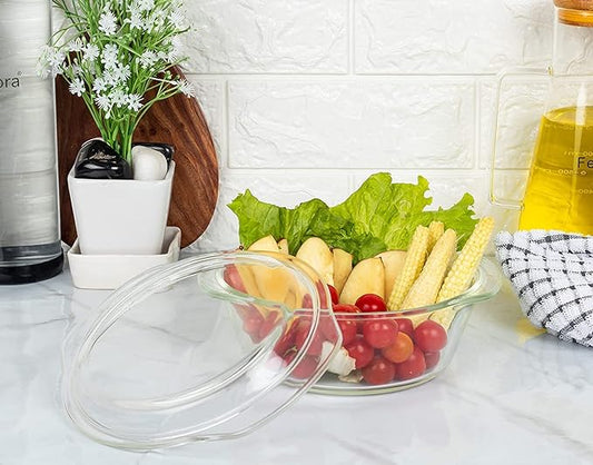 Borosilicate Serving Bowl, Glass Casserole Set, Glass Bowl With Lid, Microwave Safe Bowl Set, 1000 ml - Design 2