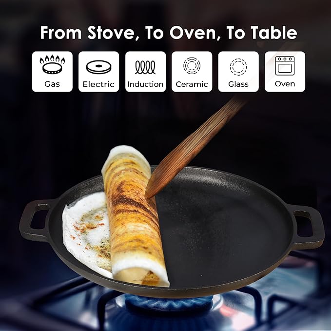 Stone Premium Cast Iron Tawa for Dosa 30 cm With 2 Loops, Tawa for Dosa, Gas & Induction Friendly