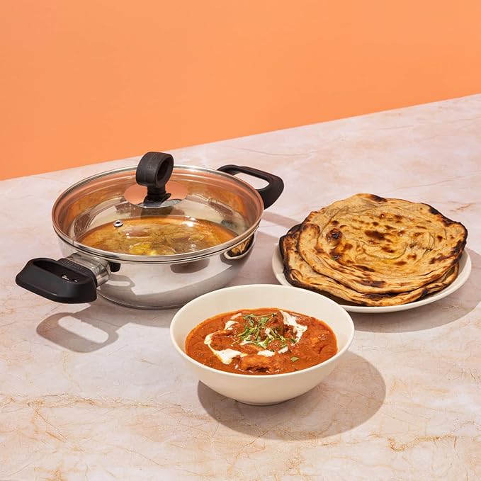 Stainless Steel Deluxe Saucepot With Glass Lid - 4 L, 22 cm, Biryani Pot, Riveted Sturdy Handles