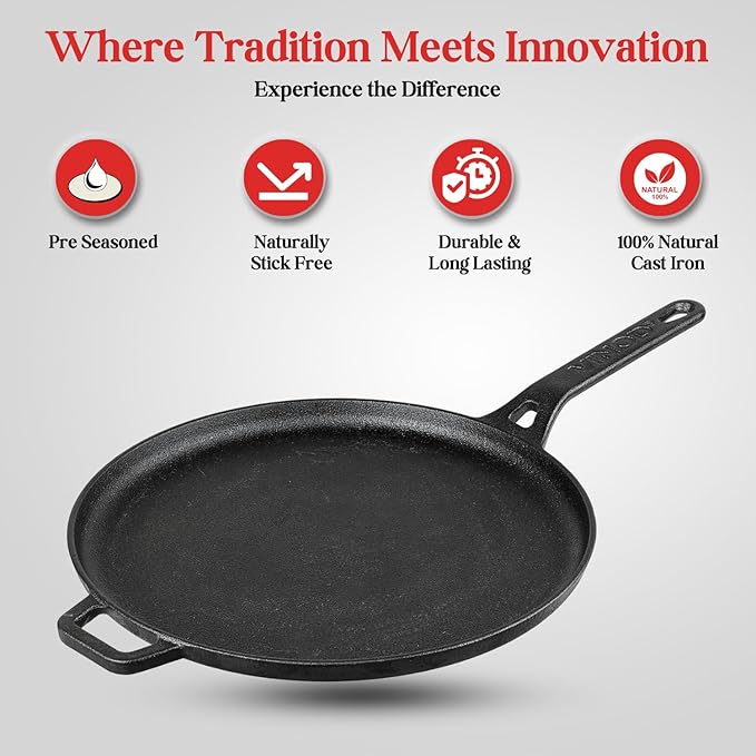 Pre Seasoned Cast Iron Flat Roti Tawa with Handle - 28 cm