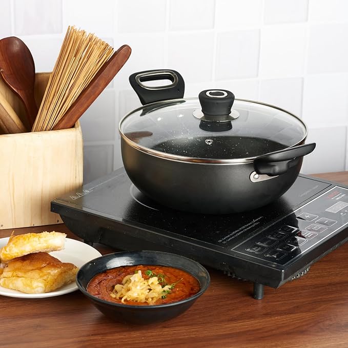 Hard Anodised Non Stick Deep Kadhai with Glass lid - 3.1 L, 24 cm, 3.25 mm Thick, 5X Non Stick
