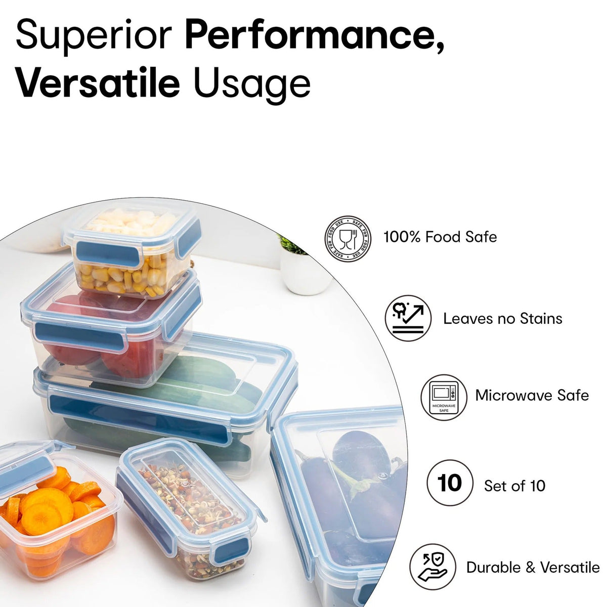 Set of 10 BPA-Free Plastic Storage Containers with Lockable Lids, Airtight, Clear