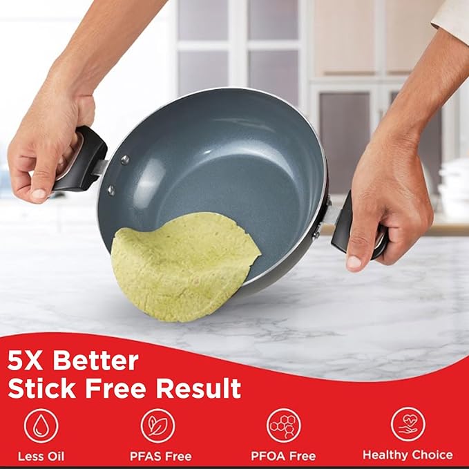 Kadai with Glass Lid - 2.5 L (24 cm), Natural Stick Free Deep Kadhai, Stylish Handle