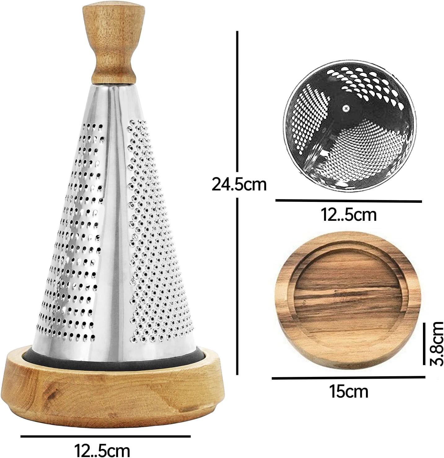Multi-functional Stainless Steel Cone-Shaped Cheese Grater with Container and Wooden Handle – Perfect for Parmesan Cheese, Vegetables, and Fruits in a Vintage Style