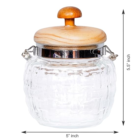 Kitchen Storage Jars Embossed Glass Jar With Wooden Lid & Jute Chain Air Tight Jar, 500 ml