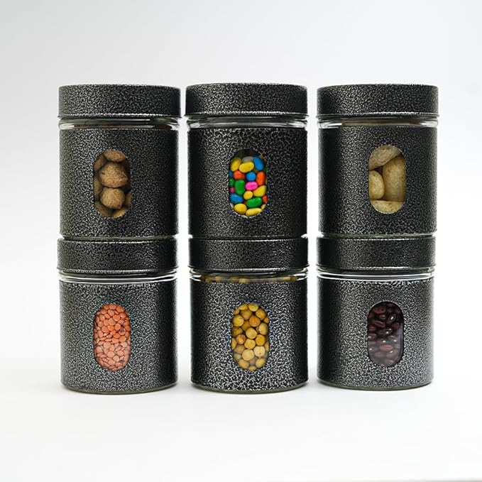 Carbon Steel Jar for Kitchen Storage With Clear Glass Window and Carbon Steel Lid, 300 ml, Set of 3