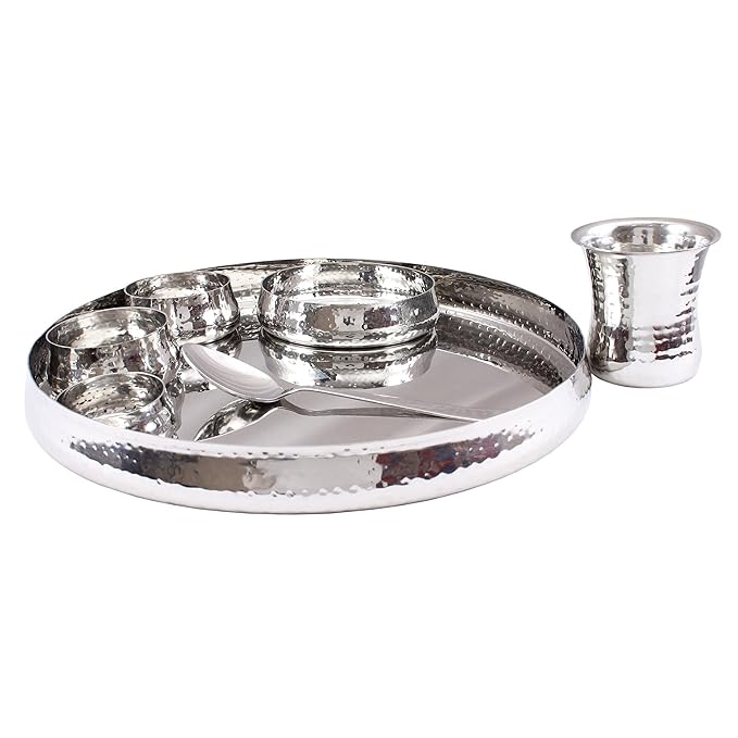 Stainless Steel Curved Dinner Set/Thali Set of 1 Plate 1 Small Plate, 2 Bowl, 1 Small Bowl, 1 Glass