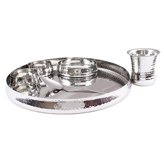 Stainless Steel Curved Dinner Set/Thali Set of 1 Plate 1 Small Plate, 2 Bowl, 1 Small Bowl, 1 Glass