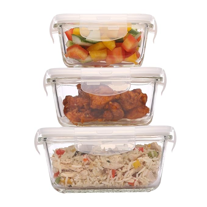 Borosilicate Glass Containers for Kitchen, Storage Box for Kitchen With Air Vent Lid, Set of 3 - Design 2