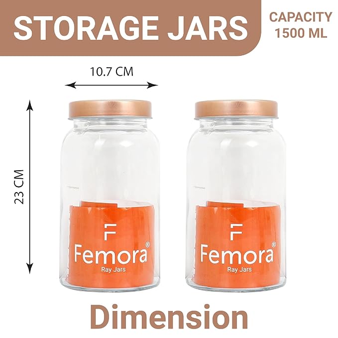 Kitchen Storage Jars Clear Glass Jar With Steel Lid Air Tight Jar, 1500 ml, Pack of 4, Golden Lid