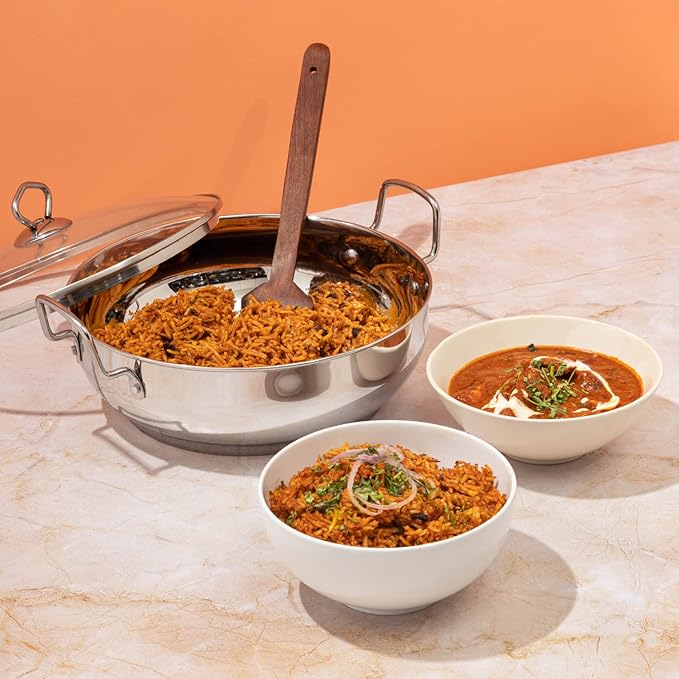 Stainless Steel Kadhai with Glass Lid - 2.7 L, 24 cm, Extra Thick, SAS Heavy Bottom, Kadai for Cooking