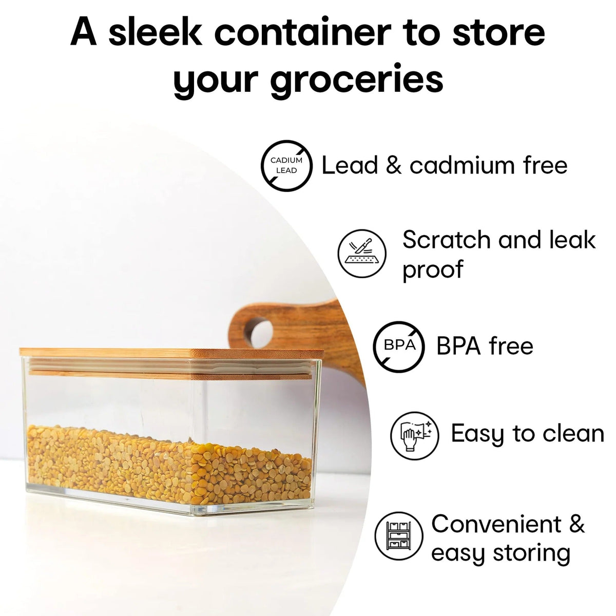 1 L Acrylic Airtight Food Storage Container with Bamboo Wood Lid, BPA-Free, Clear