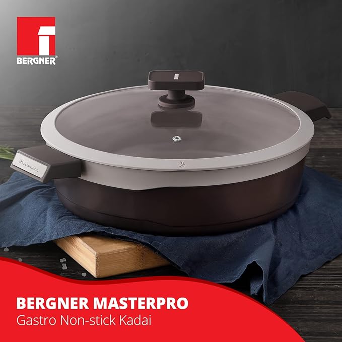 Gastro Non-stick Kadai With Glass Lid 30 cm, Induction Base & Ergonomic Soft Touch Handles