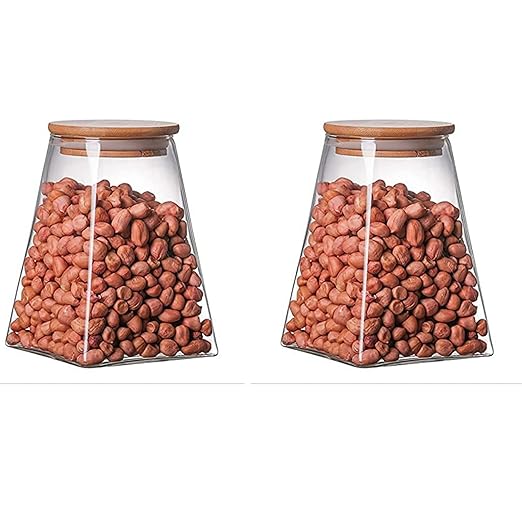 Kitchen Storage Jars Borosilicate Glass Jars for Kitchen With Wooden Lid Air Tight Jar, 900 ml, Pack of 2