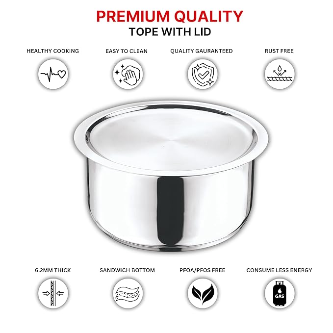 Stainless Steel 304 Grade Tope, Patila, Topiya With Lid - Diameter 20 cm, Capacity 3 L