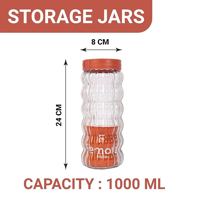 Kitchen Storage Jars Clear Glass With Plastic Stackable Lid Jar, 1000 ml, Set of 2
