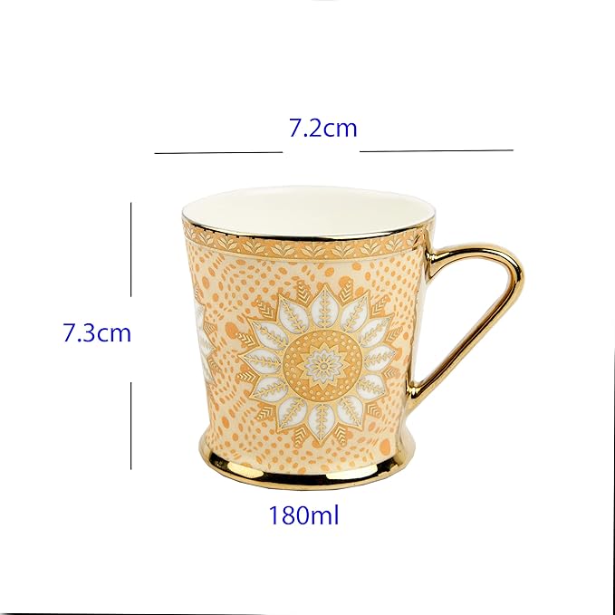 Lotus Pattern With Golden Handle Golden Coffee Mugs, 180 ml, Golden, 6 Pieces Set, Not Microwave Safe